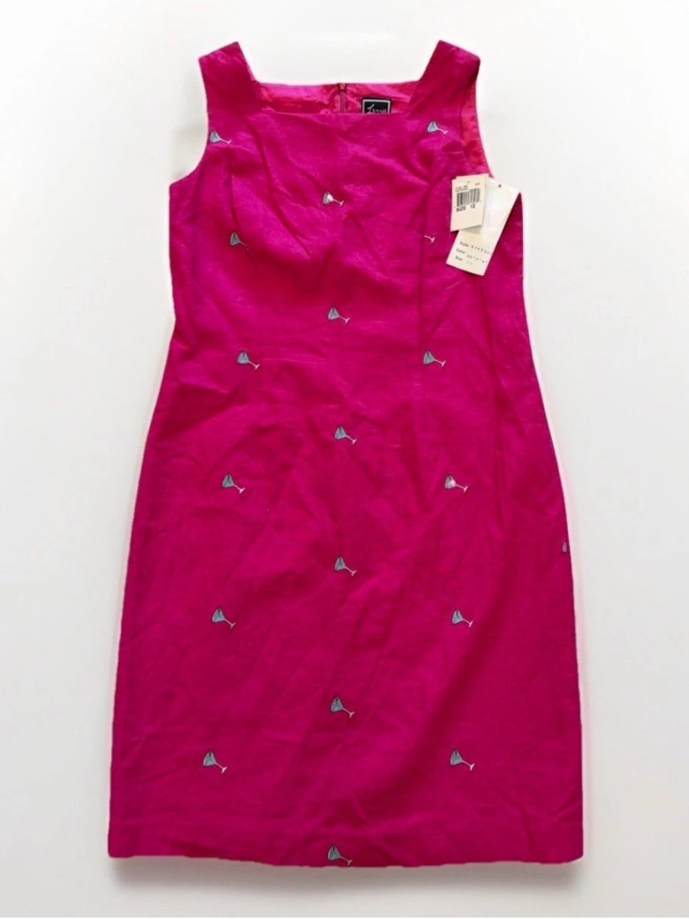 VNTG NWT Linen Dress Sz 12 Martini Embroidery Lennie Coastal Vacation Hot Pink
